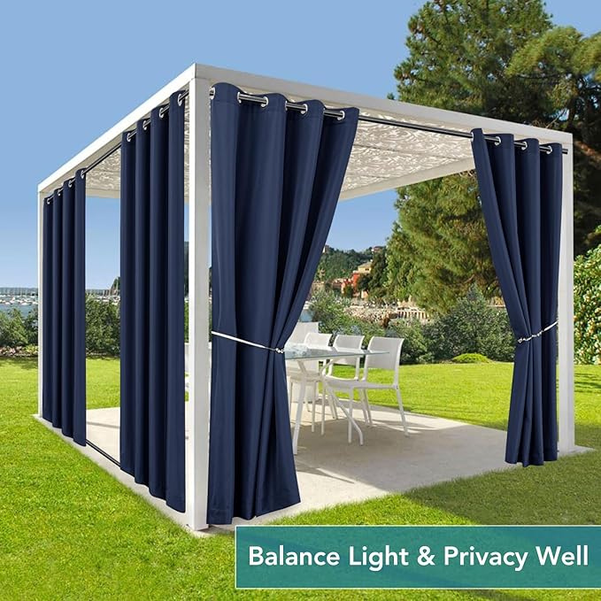 HolidayIdeas Gazebo Curtains Outdoor Waterproof 4 Panels 54x84 Inch-Windproof Weatherproof Privacy Navy Outside Curtains-Grommet Top and Tab Bottom Drape for Patio, Porch, Pergola, Cabana, Backyard