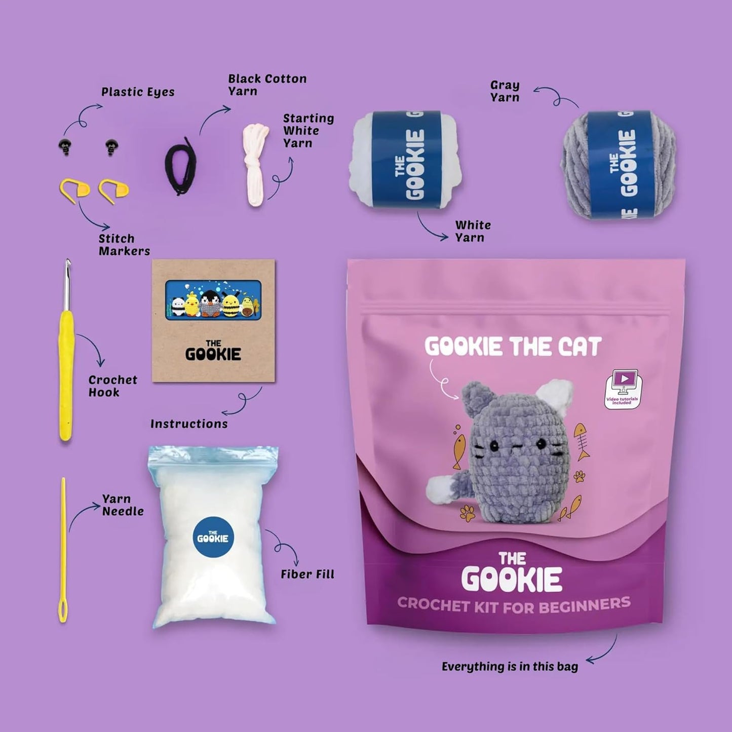 THE GOOKIE Amigurumi Crochet Kit for Beginners – DIY Crochet Kit with Yarn, Hook, Eyes & Stuffing – Easy Starter Set with Video Tutorials – Cute Plush Toy Craft Gift for Kids, Teens & Adults (Cat)