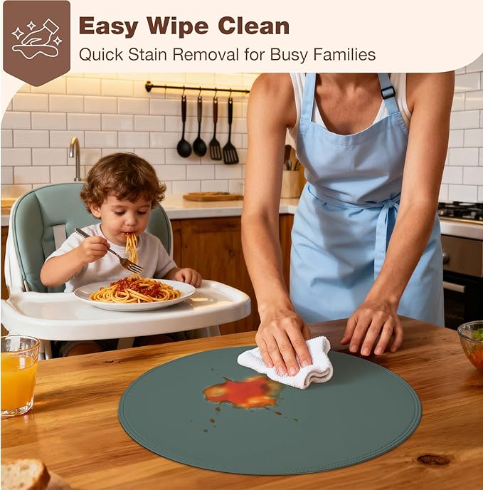Round Vinyl Blue Placemats Set of 6, Faux Leather Waterproof Wipeable Heat Resistant Place Mats, Washable Table Mats for Halloween, Thanksgiving & Christmas Dinner(Light Blue)