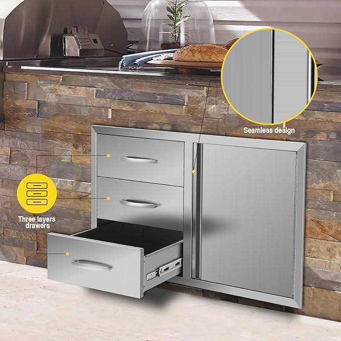 Outdoor Kitchen Drawer Combo, Stainless Steel Triple Drawers & 2 Trash Can Drawers,Enclosed Built-in Drawer Flush Mount For Outdoor Kitchens & BBQ Islands ﻿ ﻿,G3