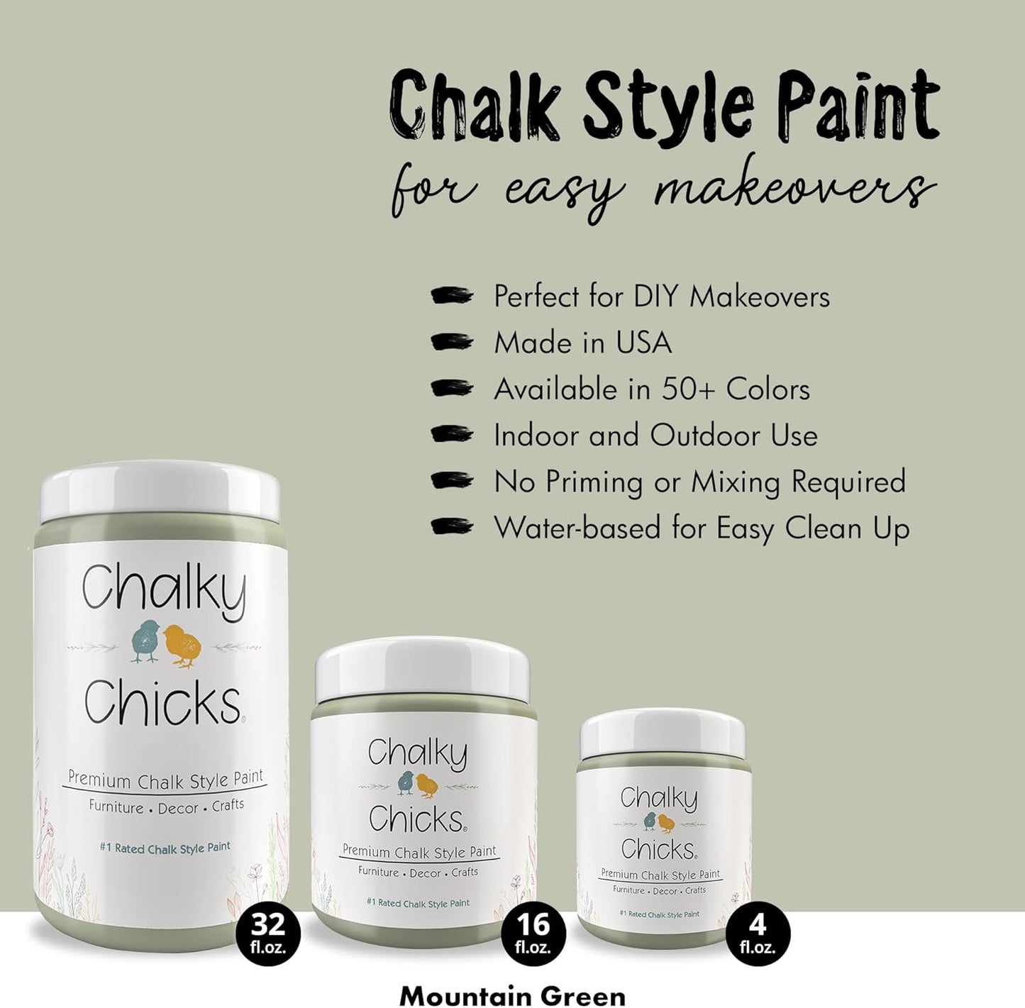 Chalky Chicks All-in-One Chalk Paint for Furniture or Cabinet -16FlOz-Matte Finish Mountain Green (Sage Green) for Metal, Wood Furniture Paint - No Sanding All-in-One for Home Decor & Crafts, USA Made