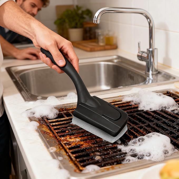 BBQ Grill Brush - Safe Bristle Free Cleaner, Rapid Scrubbing Barbecue Tool, Zero Wire Release Design, Handle for Deep Cleaning Grates, Outdoor Cooking Equipment, Home Restaurant