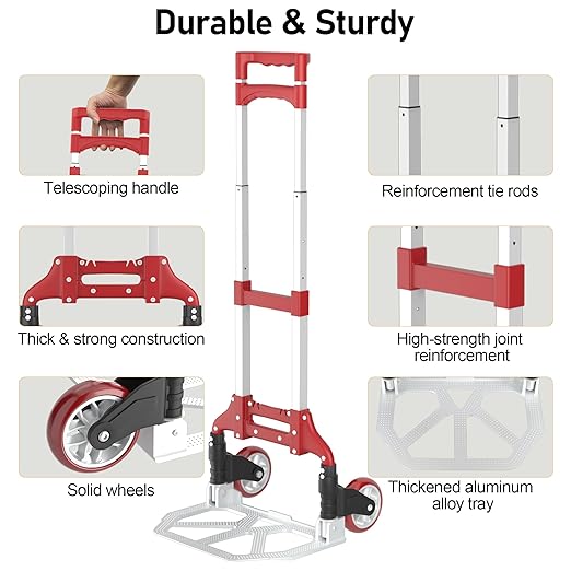 Folding Hand Truck - Aluminum Portable Dolly Cart with Telescopic Handle, Bungee Cord - Compact Lightweight Foldable Luggage Cart for Moving, Home, Auto, 180lbs, Red