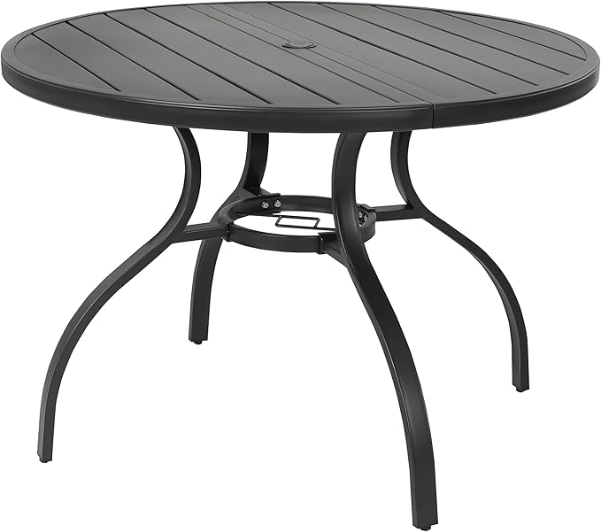 NUU GARDEN 41" Round Metal Outdoor Patio Dining Table for 4, All-Weather Slatted Outdoor Table with 1.57" Umbrella Hole and Adjustable Feet for Lawn Garden Backyard, Black