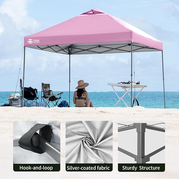 CROWN SHADES Adjustable Height on The Fly, 10x10 Pop Up Canopy - Beach Tent with One Push Setup - Easy Outdoor Sun Shade for Events, Parties, Camping - Outside Shade with STO-N-Go Bag, Pink