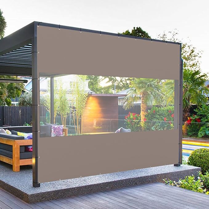 Domi Heavy Duty Outdoor Clear Panel Curtain, 18 oz Waterproof PVC Polyester Curtain, Weather Resistant & Tearproof for Patios, Gazebos, Pergolas, Privacy Screen (10'H x 10'W, Gray)