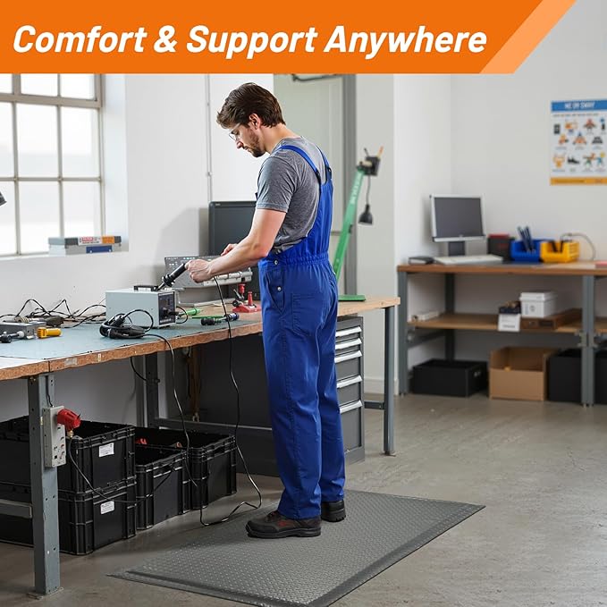 Nisorpa Anti Fatigue Mats Industrial 3' x 6' Ergonomic Standing Mat 15/16" Extra Thick Cushioned Shop Floor Mats Heavy Duty Commercial Diamond Plate - Safety Support for Leg & Back Pain, Grey