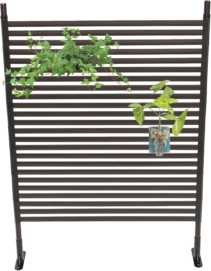 Outdoor Freestanding Privacy Screen, 43" W x 59" H Metal Slatted Decorative Panel With Stand, Brown Backyard Screen for Garden Patio