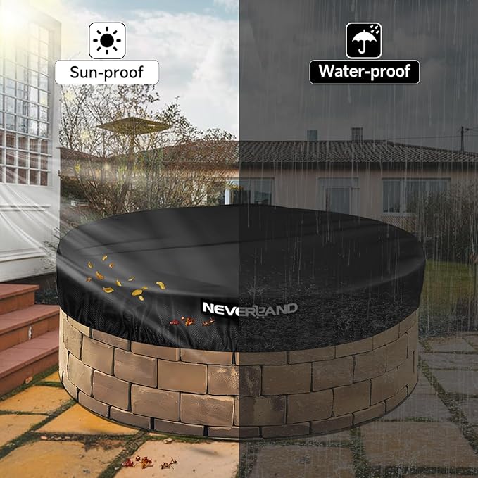 NEVERLAND Round Fire Pit Cover for In-Ground Fire Pits, 46-51 Inch Heavy Duty 600D Waterproof Outdoor Firepit Cover, Fits Built-In Stone Fire Pits, Black