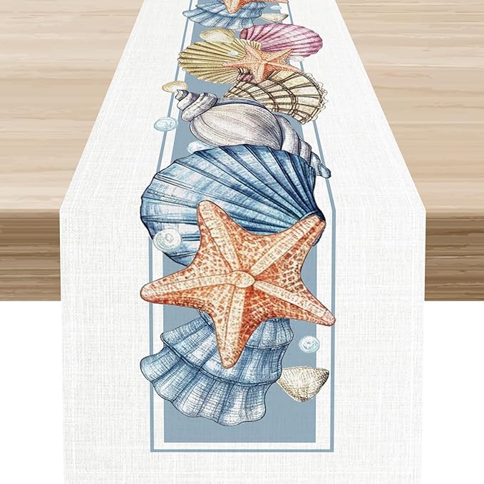Summer Starfish Table Runner, Blue Sea Coastal Seashell Beach Nautical Starfish Ocean Table Runner Seasonal Holiday Home Kitchen Dining Table for Home Party Decor 13"x108"