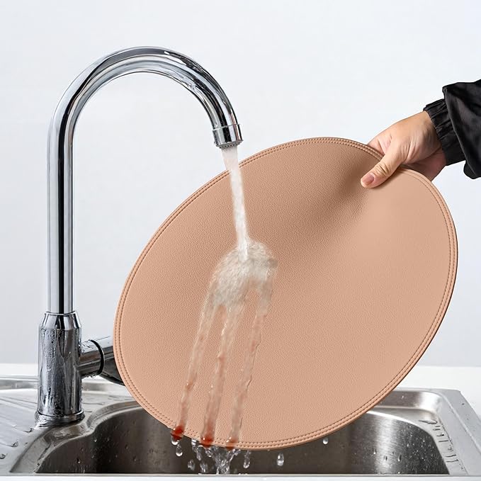 Round Vinyl Pink Placemats Set of 6, Faux Leather Waterproof Wipeable Heat Resistant Place Mats, Washable Table Mats for Halloween, Thanksgiving & Christmas Dinner(Pink)