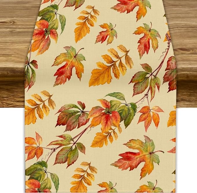 Fall Table Runner, Autumn Orange Yellow Maple Leaves Rustic Thanksgiving Farmhouse Table Cover for Kitchen Dinning Table Indoor Outdoor Party Decor, 13x36inch