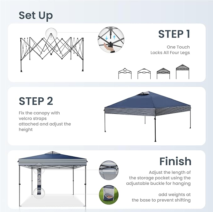 PHI VILLA 10x10 Pop Up Canopy Tent - One Push Setup, Instant Shade Tent with Vented Roof for Beach & Events - Includes Storage Bag, Sandbags, Stakes & Ropes (Navy Stripe)