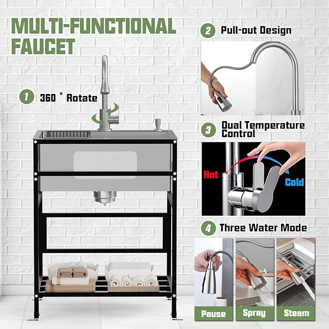 Utility Sink, 25x18 Inch Stainless Steel Freestanding Laundry Sink Practicality With Accessories-Kitchen Faucet,Soap Dispenser, SS Sink Grid, Colander For Laundry,Garage,Outdoor Kitchen,Garden...