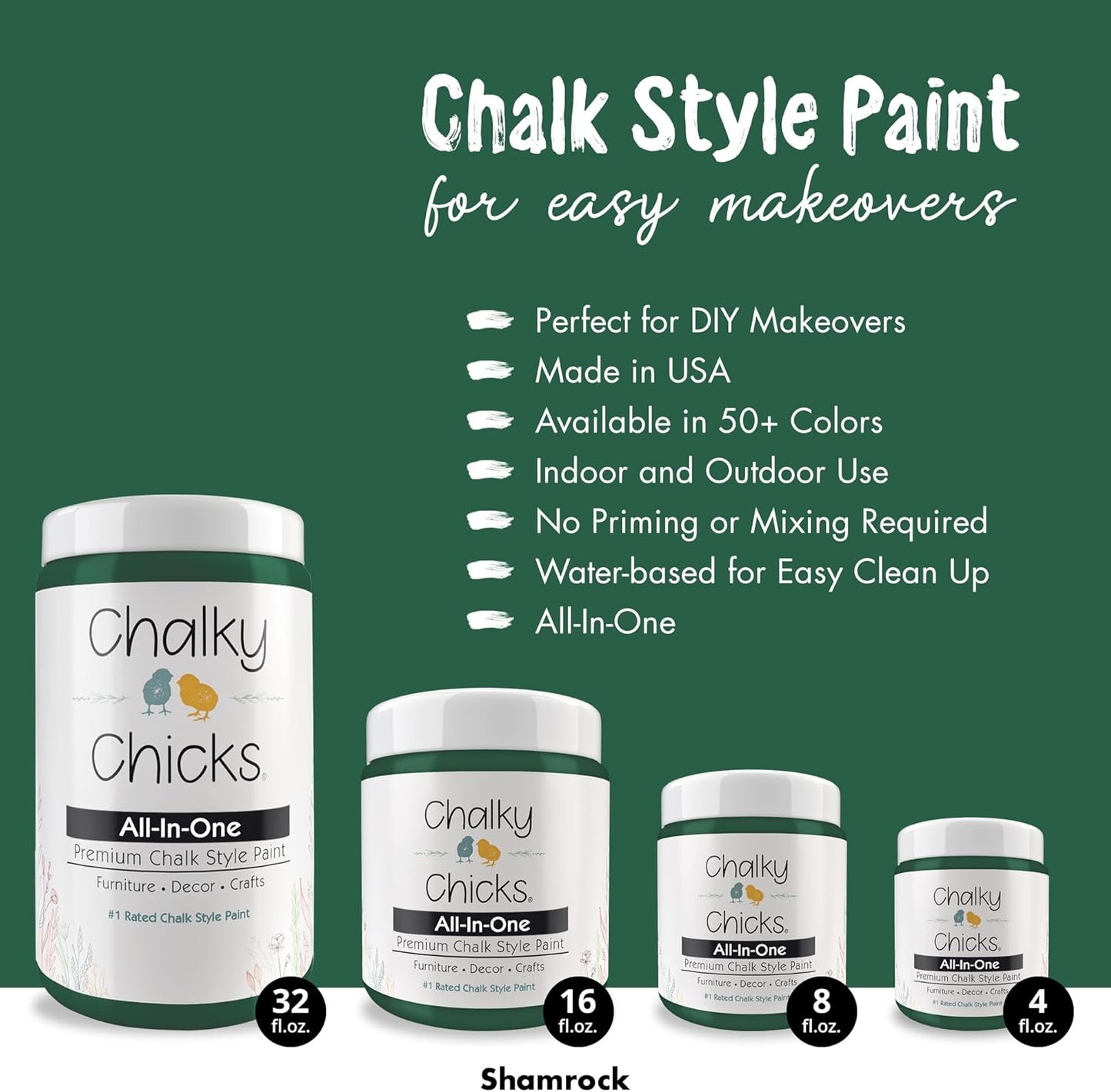 Chalky Chicks All-in-One Chalk Paint for Furniture or Cabinet - 8 Fl Oz - Matte Finish Shamrock (Dark Green) for Metal, Wood Furniture Paint - No Sanding All-in-One for Home Decor & Crafts, USA Made