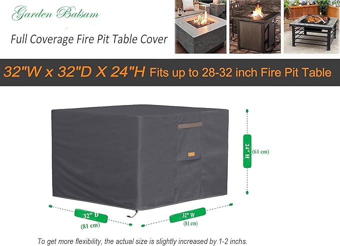 Fire Pit Cover 600D Heavy Duty Waterproof Fabric With PVC Coating Square 32" Wx 32" D x 24" H Dark Grey Fits for 28-32 Inch Fire Pit Table Fade Resistant Outdoor Firepit Cover