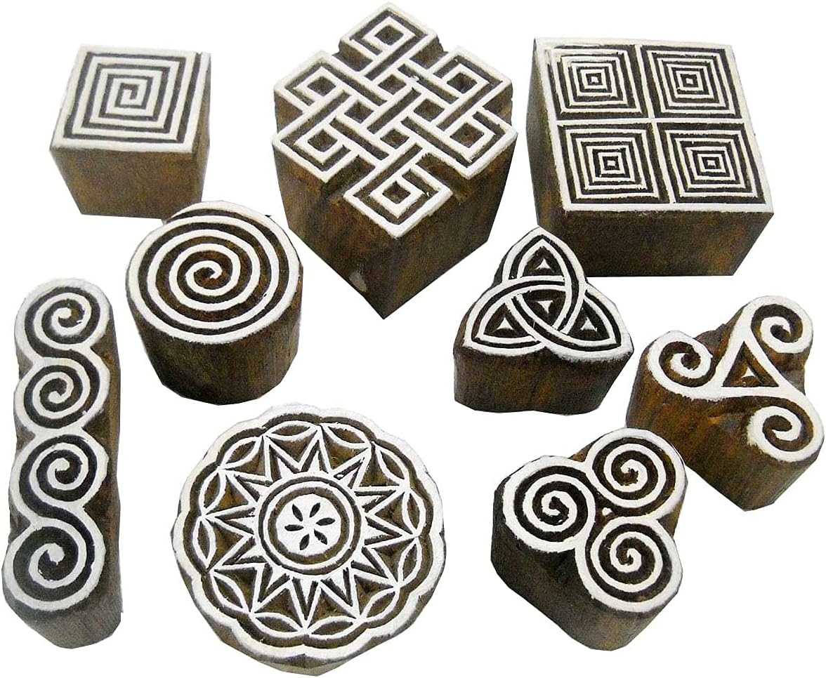 CRAFTSOFINDIA I Set of 9 I Premium Hand-Carved Wooden Block Stamps for Textile, Paper, Clay, Tattoo - Enhanced Print Impressions