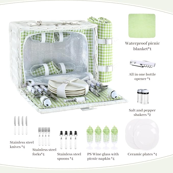 Neti Neti Wicker Picnic Basket for 4 with Insulated Cooler & Waterproof Blanket – Large Willow Picnic Hamper for Outdoor, Camping, Beach, Romantic Dates, Valentine’s Day