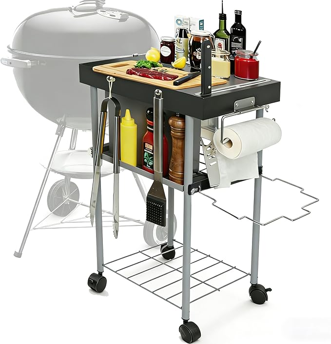 Grill Cart Table Accessories Outdoor Grilling Side Tables for 18"/22" Weber Charcoal Kettle Grills Rolling Prep Stand with Wheels Mesh Storage Racks Perfect for BBQ Camping Home Party