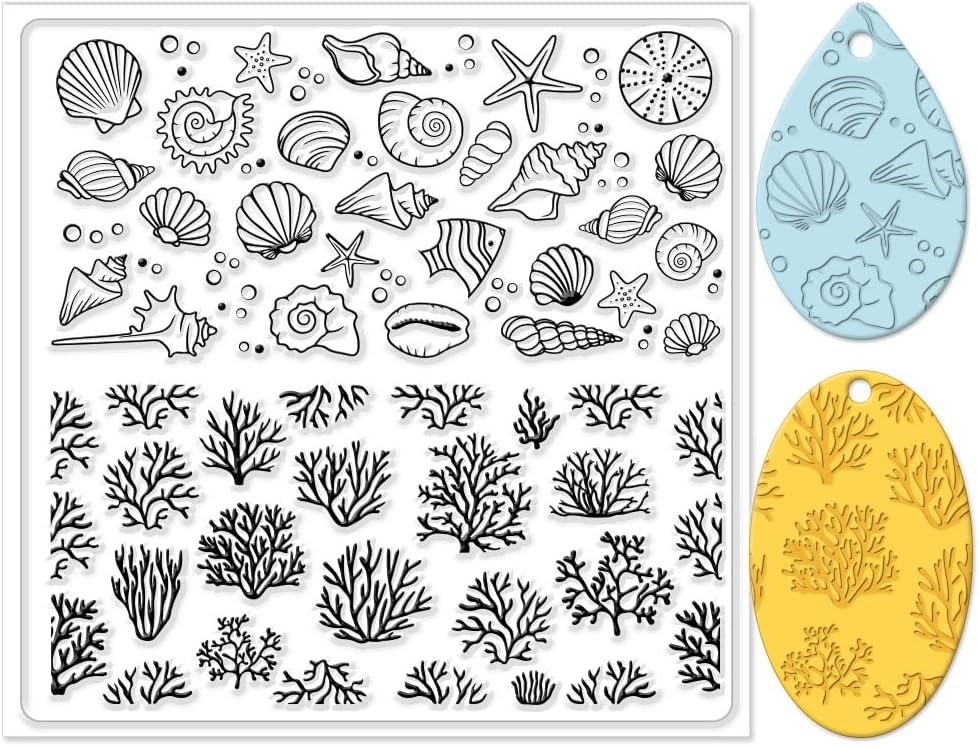 CHGCRAFT Polymer Clay Texture Sheets - Ocean Silicone Stamp for Coral Shells - Clay Pad for Making Earrings Jewelry, 5.5x5.5inch