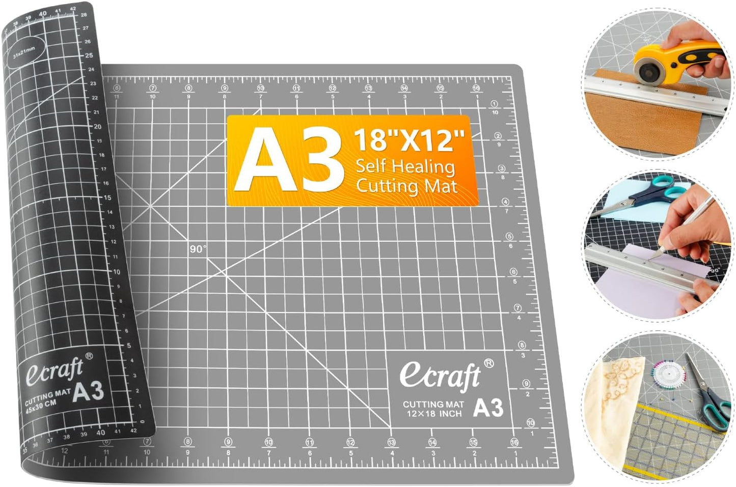 Ecraft Self Healing Cutting Mat:18"x12" Double Sided 5-Ply Hobby Mat, A3 Rotary Cutting Sewing Mat for Crafts, Fabric,Sewing,Quilting,Scrapbooking,Projects,Grey/Black