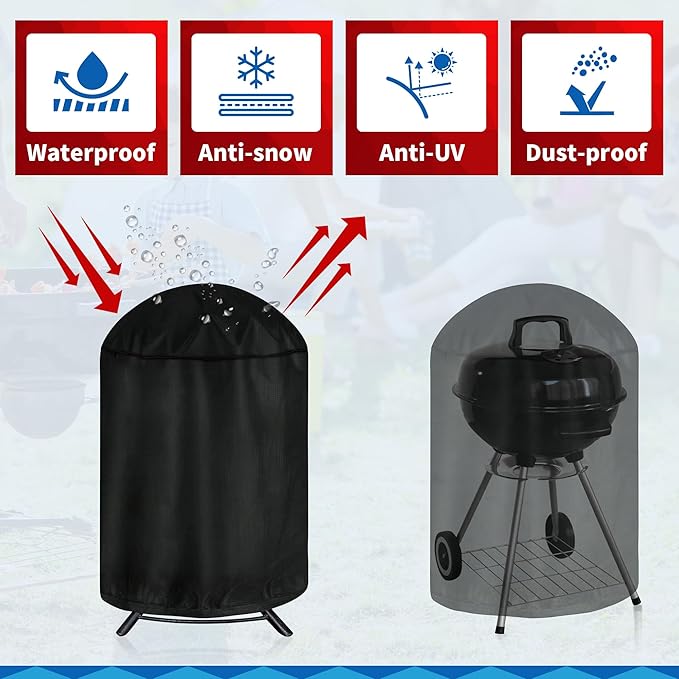 iCOVER Round Grill Cover, 29" Dia x 38" H Dome Smoker Cover, Waterproof Charcoal Kettle Grill Cover, UV Resistant BBQ Cover, Outdoor Barbecue Cover for Weber Char-Broil, Brinkmann and More