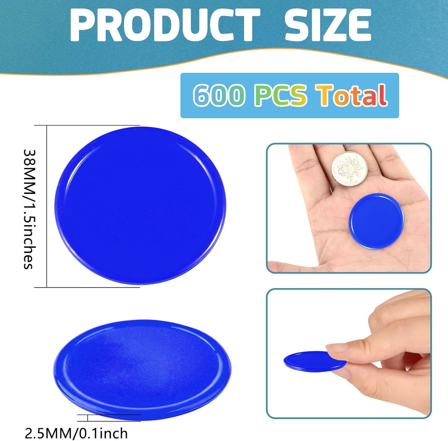 Coopay 600 Pieces Plastic Poker Chips Learning Counters Disks Bingo Chip Counting Discs Markers for Math Practice and Poker Card Game Tokens, Teaching Rewards, 38 mm/ 1.5 Inches (Blue)
