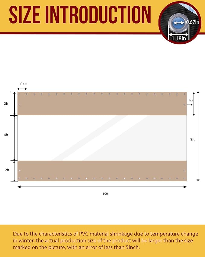 FoundGo 8'H x 15'W Vinyl Curtains for Patio 19oz, Outdoor Clear Vinyl Patio Enclosure,Heavy Duty Clear Tarp Waterproof PVC Tarps with Grommets for Pergola, Balcony,Porch,Gazebos，-4℉ Cold Resistant