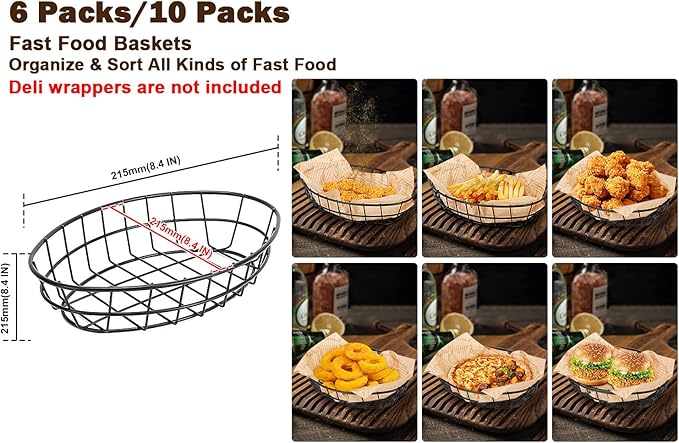10 Pack Metal Fast Food Oval Baskets, Wire Bread Basket for Serving, Reusable Chip Burger Fruit Vegetables Bowl Storage for Kitchen Table, Restaurants, Snack Bar, 9.5" x 6.3" x 2"
