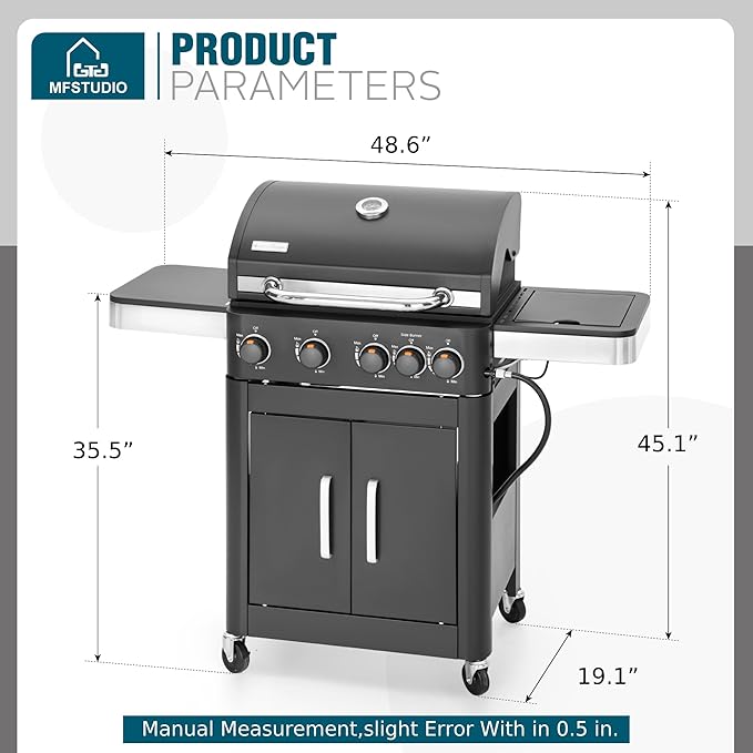 MFSTUDIO 4 Burners Propane Gas Grill and Griddle Combo with Side Burner, 2 in 1 Griddle Grill and Porcelain-Enameled Cast Iron Grates, 46,700 BTU Outdoor Cooking Barbecue Grill, Black