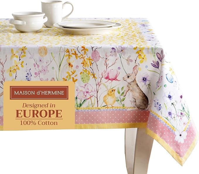 Maison d' Hermine Table Cloth Rectangle Table 100% Cotton 70 x 140 Inches Tablecloth Reusable Decorative for Dining Room, Farmhouse, Home, Party, Festive & Wedding Spring Summer - Easter Zest