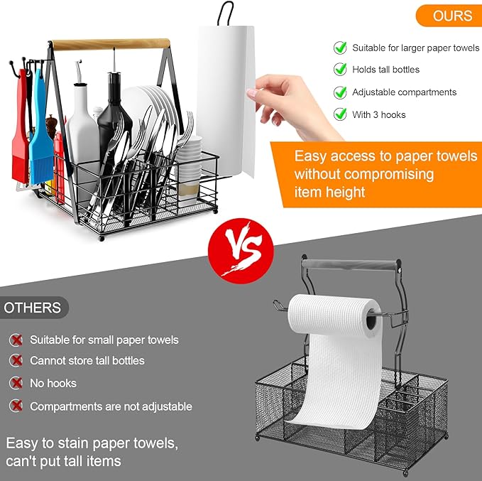 Grill Caddy, BBQ Caddy for Outdoor Grill with Paper Towel Holder, Picnic Utensil Caddyfor Outdoor Kitchen, RV, Patio, Tailgate, Camping Essentials, Grilling Gifts for Men, Barbecue Tool Sets
