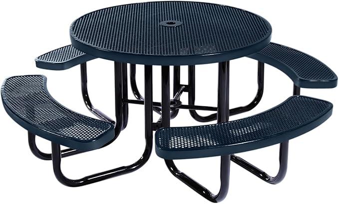 COATEDOUTDOORFURNITURE Heavy-Duty Portable Outdoor Picnic Table with Umbrella Hole, Punched Steel Commercial-Grade Patio Dining Furniture Made in America (46" Round Top, Dark Blue)