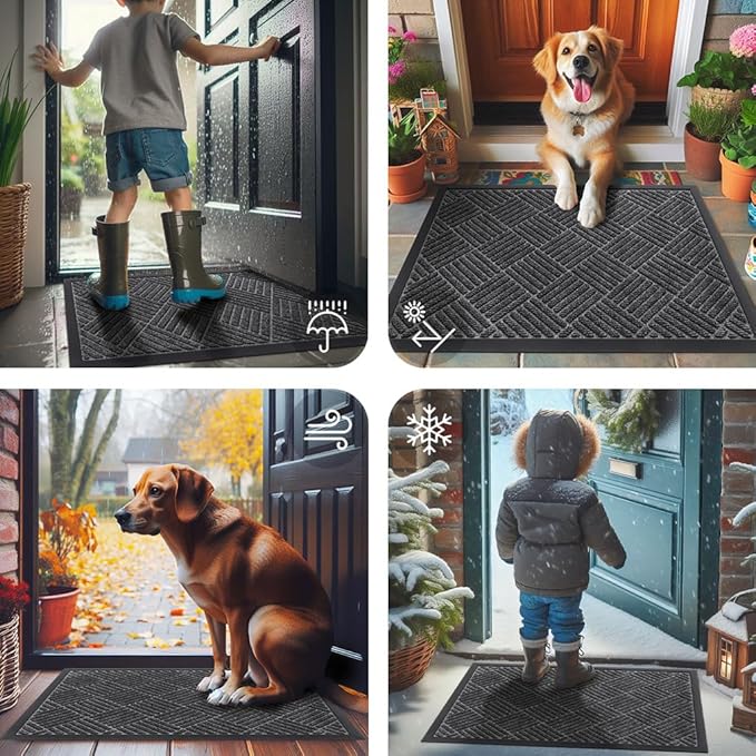 Smiry Front Door Mat Outside Entrance, Heavy Duty Outdoor Indoor Natural Rubber Doormat, Non Slip, Trap Dirt and Moisture, Easy Clean, Low Profile Patio Porch Entryway Mat, 35x23, Light Grey