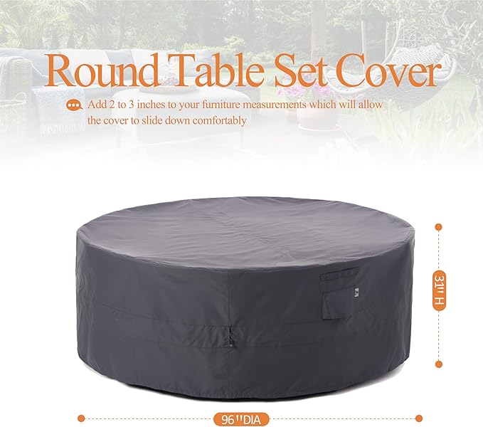 WJ-X3 Ripstop Patio Furniture Cover, 96" D x 31" H, Waterproof, UV Resistant, Anti-Fading Outdoor Cover for Round Dining Table and Chairs Set, Grey