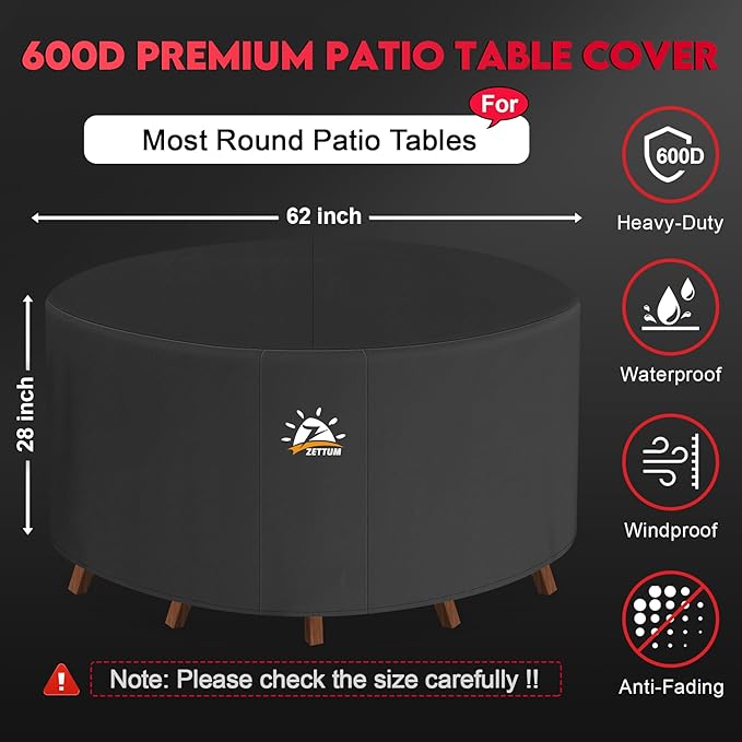 Zettum Round Patio Table Cover 62 Inch - 600D Outdoor Furniture Cover Round Waterproof & Heavy Duty, Lawn Furniture Set Covers for Outside Dining Table and Chairs Seating Combo - 62 x 62 x 28 Inch