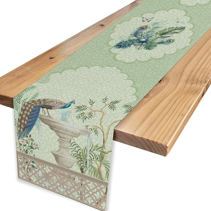 Blue Peacock Table Runner,Vintage Rustic Fountain Tropical Plant Peacock Feather Green Table Center Decor for Family Kitchen and Living Room Outdoor Farmhouse Party Table Decorations, 13"x90"