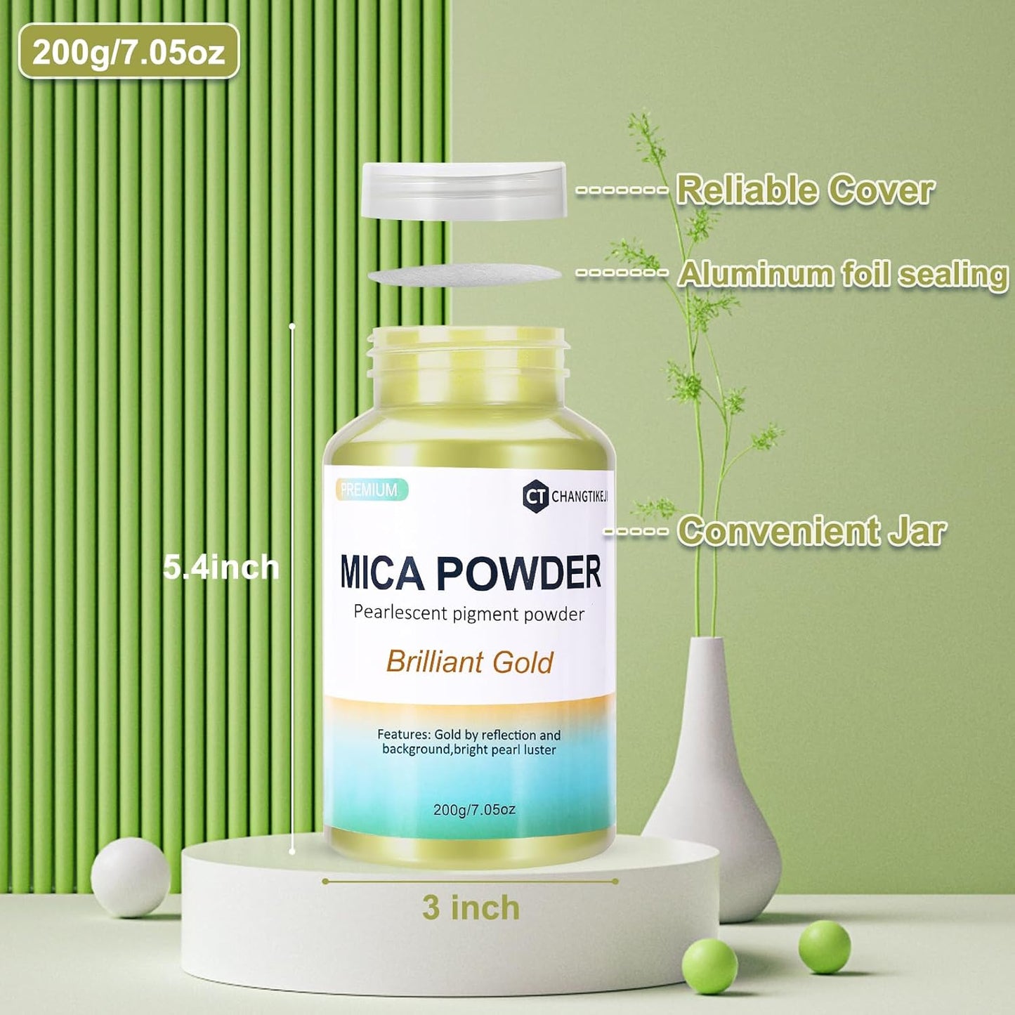 Mica Powder,200g/7.40oz Large Jar,Brilliant Gold Mica Powder Pigment for Epoxy Resin，Lip Gloss，Paint，Dye，Soap Making，Nail Polish,Candle Making,Bath Bombs