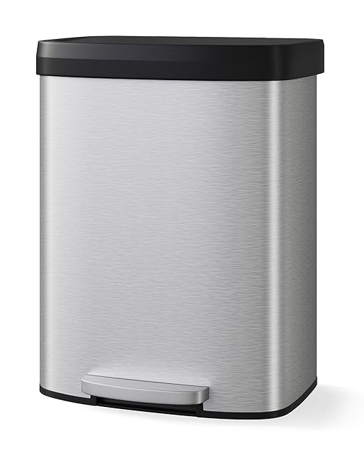 Garvee 16 gal / 60 L Stainless Steel Trash Can with Lid, Large Garbage Can for Kitchen, Rustproof Step-on Kitchen Metal Trash Bin with Liner Rim, Rear Handle, Soft Close Plastic Lid, Silver