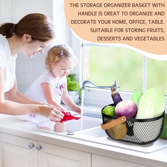 Maxcheck 4 Pcs Oval Metal Wire Storage Basket with Handle for Gathering Vegetables Multi Functional Mesh Basket for Kitchen Bathroom Picnic Home, 10.24 x 7.68 Inch(Black)