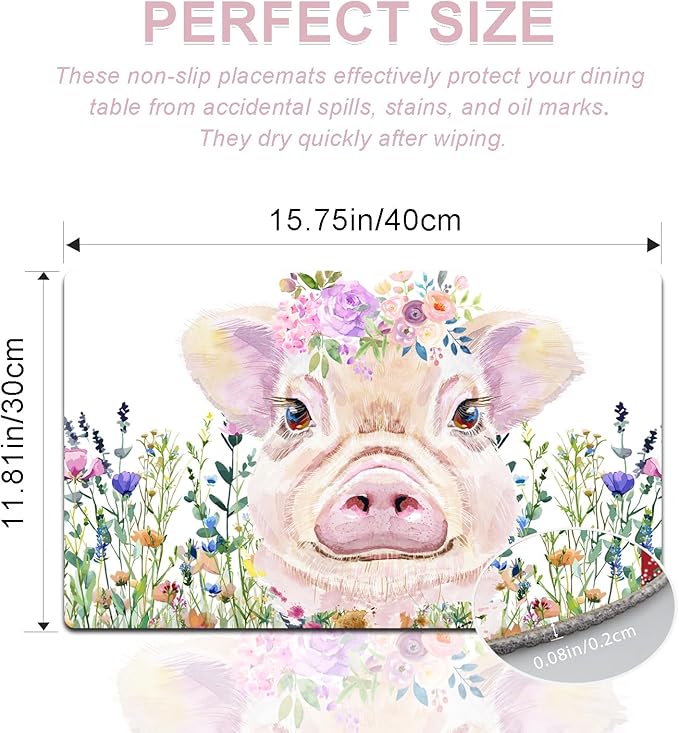 Flower Pig Placemats Set of 4 - Faux Leather Heat Resistant Placemats for Dinner Table, Non-Slip Waterproof Oil-Proof Washable Reusable Placemat for Indoor Outdoor Kitchen Decor, 15.75In*11.81In