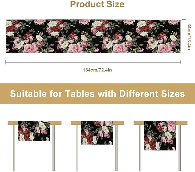 Gothic Floral Table Runner,Vintage Pink Red Rose Flower Print Table Runner for Kitchen Dining Table Indoor Outdoor Home Party Decor,Black 13x120in