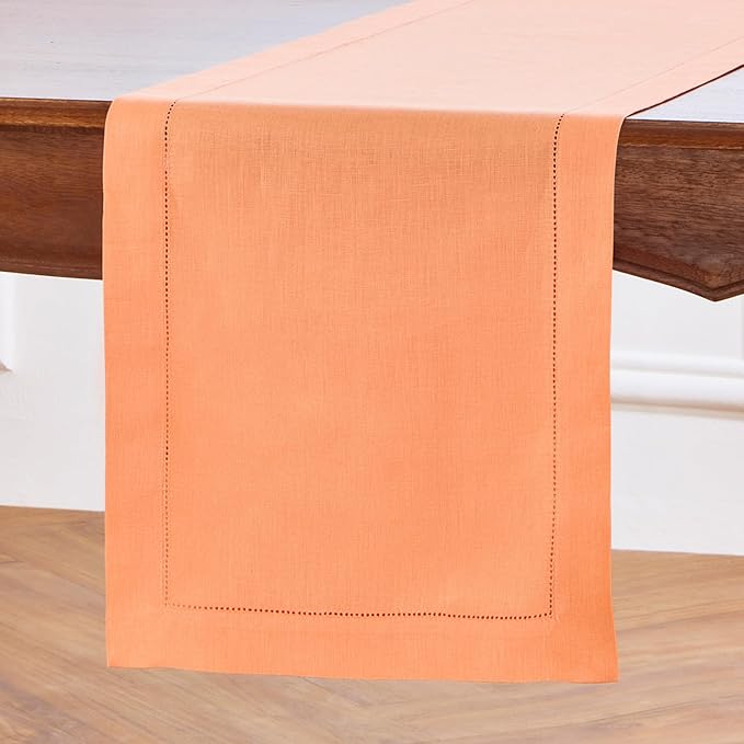 Solino Home Linen Table Runner 90 Inches Long - 100% Pure Linen Coral Table Runner 14 x 90 Inch for Valentines, Spring, Easter - Classic Hemstitch