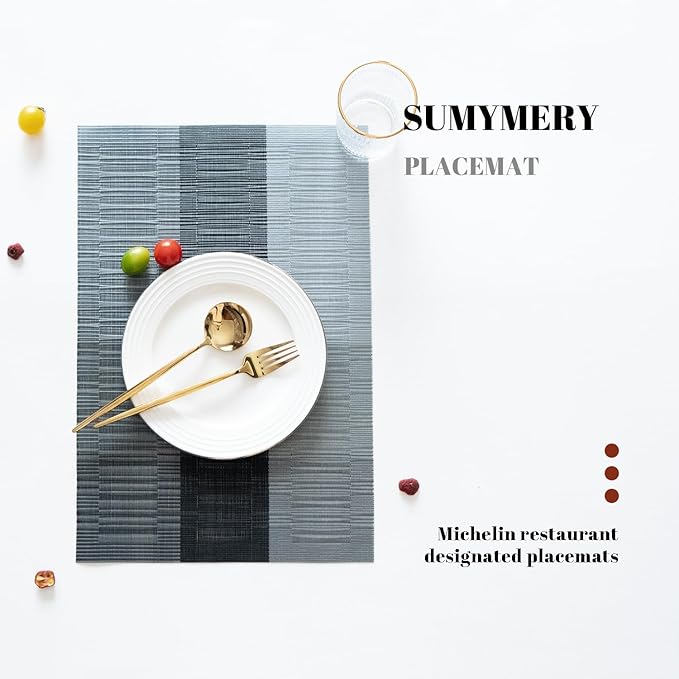 Placemats Set of 12 Vinyl/Plastic Woven Place Mats for Kitchen Table Indoor/Outdoor Washable Placemat Wipeable Dining Table Mats (Ombre Silver Grey Black,12)
