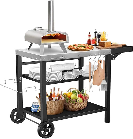 Grill Cart, Outdoor Grill Table, Pizza Oven Stand, Three-Shelf BBQ Table, Movable Dining Cart with Drawer, Fits for Ninja Woodfire Grill, Blackstone Griddle,Tabletop Grill