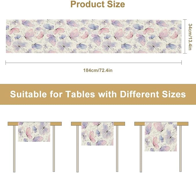 Watercolor Butterfly Table Runner, Pink Purple Butterfly Splash Spot Doodle Art Table Runner for Holiday Kitchen Dining Outdoor Home Party 13x70in