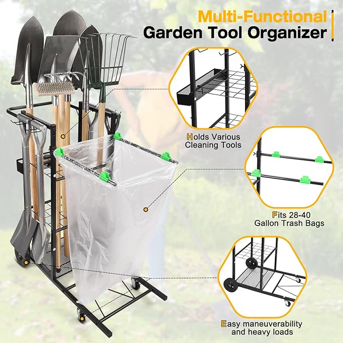 CAROD Mobile Trash Bag Holder and Tools Organizer Cart 2-in-1, Metal Cleaning Carts on 360° Wheels, Convenient Leaf Bag Holder Cleaning Cart for Leaves, Snow, Indoor-to-Outdoor Maintenance