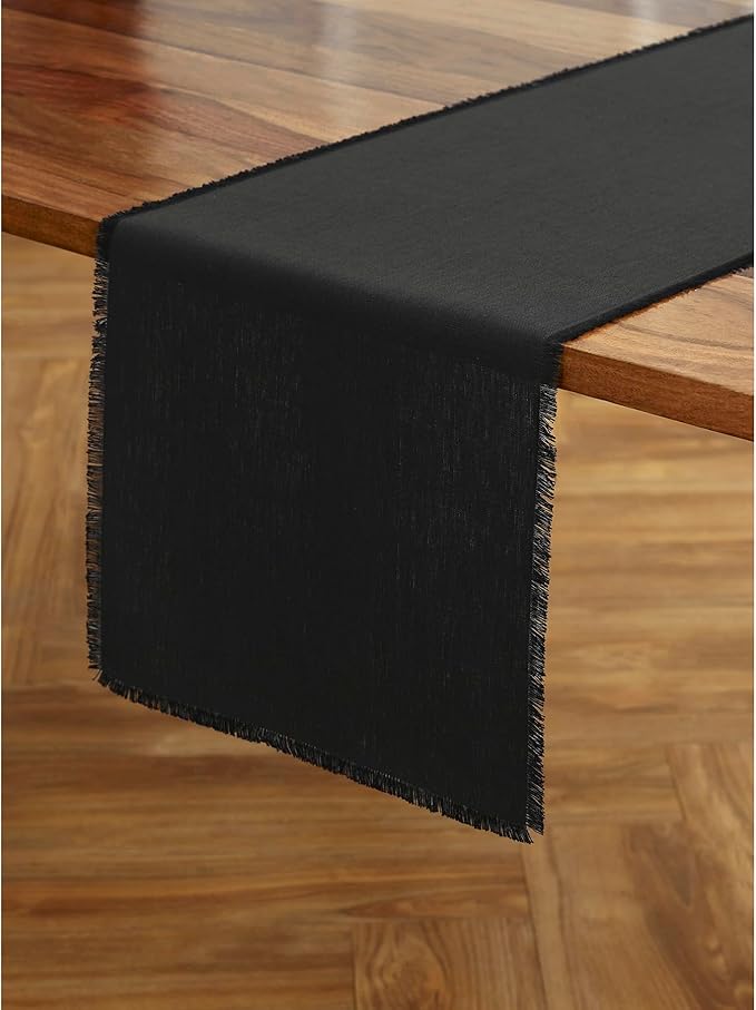Solino Home Linen Black Table Runner 60 Inches - Fringe, 100% Pure Linen Short Table Runner 14 x 60 Inch Ideal for Dresser and Coffee Tables - Spring