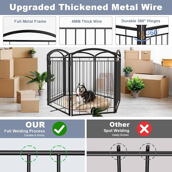 Full Metal Free Standing Dog Gate with Door for Indoor Outdoor, 144'' Extra Wide 36'' Tall Dog Gate for Doorways,Large Openings,Decks,Freestanding Portable Pet Fence(6 Panels,Black)