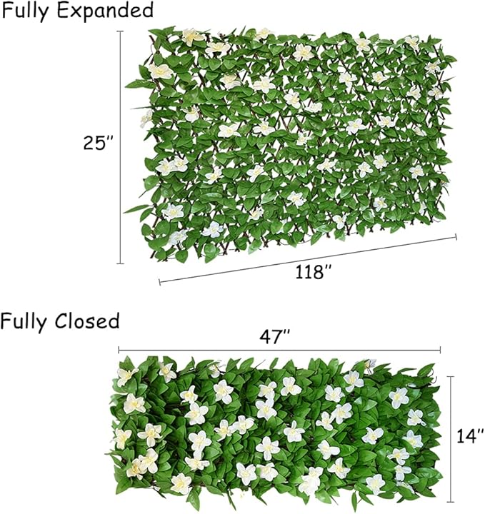 Expandable Fence Privacy Screen for Balcony Patio Outdoor,Decorative Faux Ivy Fencing Panel,Artificial Hedges (Single Sided Leaves) (2, White Flowers)